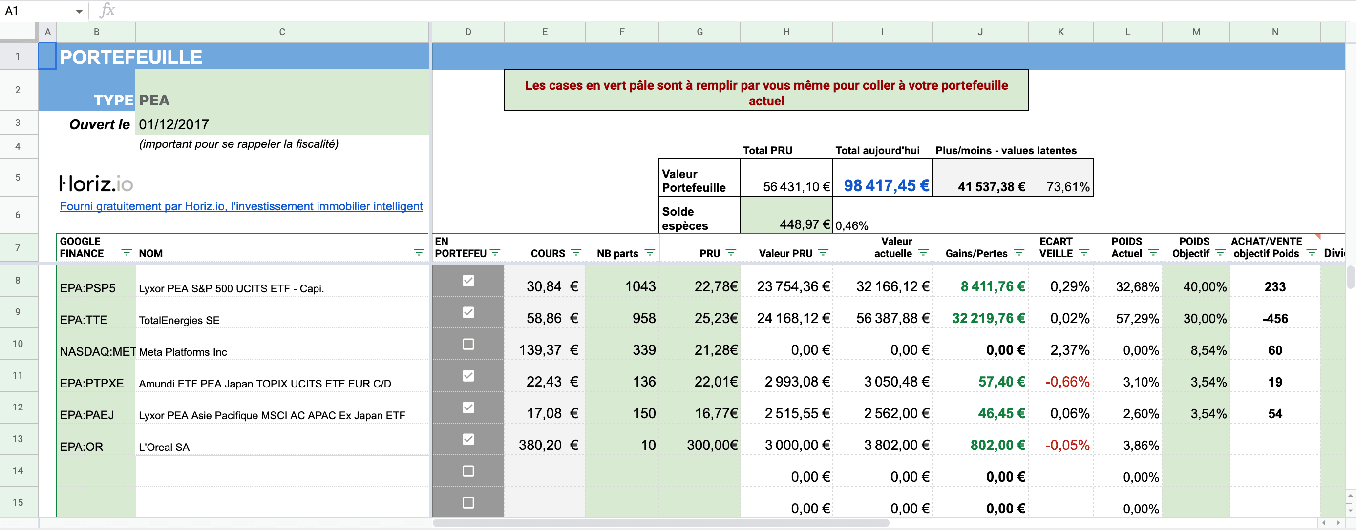 Portefeuille actions temps réel google sheet